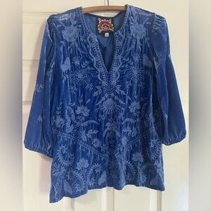 SOLD Johnny Was Royal Blue Velvet Embroidered Blouse XXS